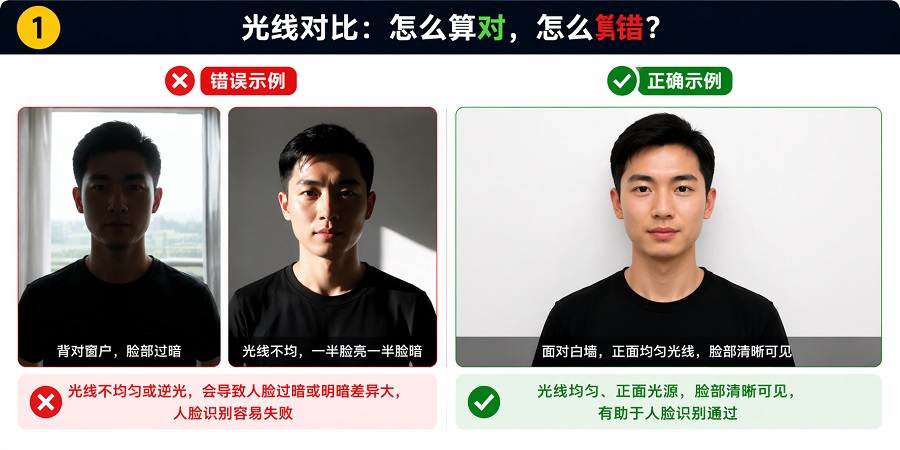 币安人脸识别 光线对比 正确与错误示例