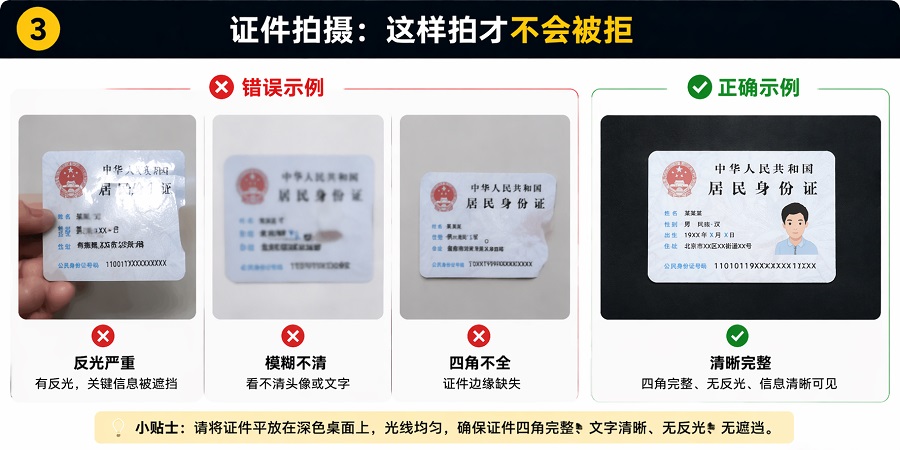 币安身份认证 证件拍照正确与错误示例